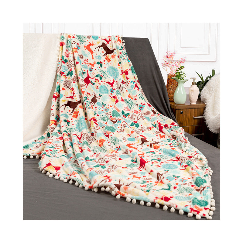 Christmas Flannel Blanket – Double-Sided Print with Pom-Poms