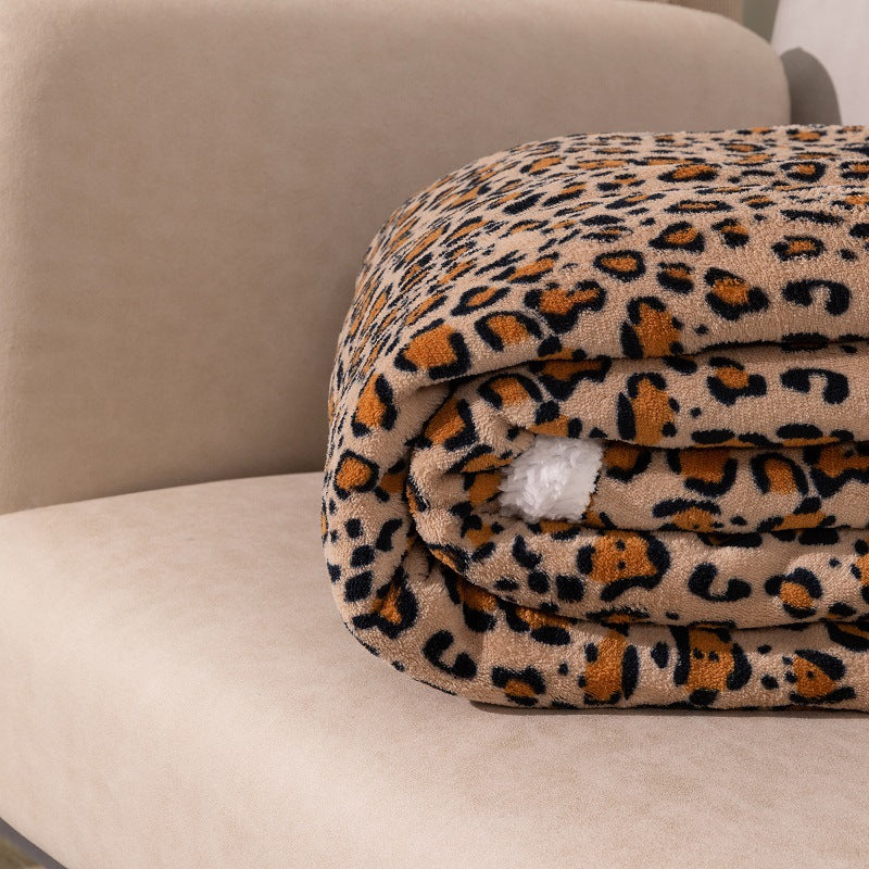 Double-Layer Coral Fleece Blanket – Leopard Print Sherpa Throw