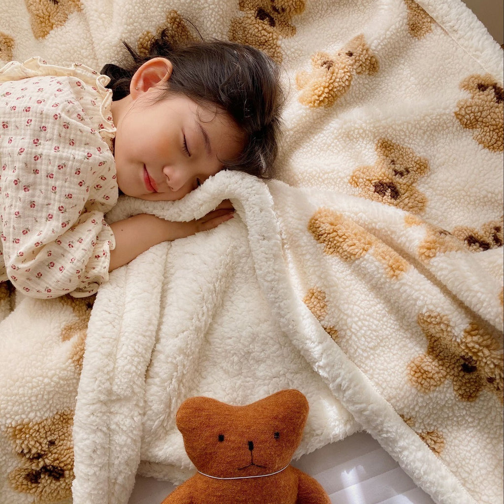 Double-Layer Cartoon Kids Blanket – Bear Sherpa Plush Throw