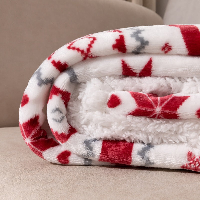 Flannel Double-Layer Blanket – Reindeer Cartoon Sherpa Throw