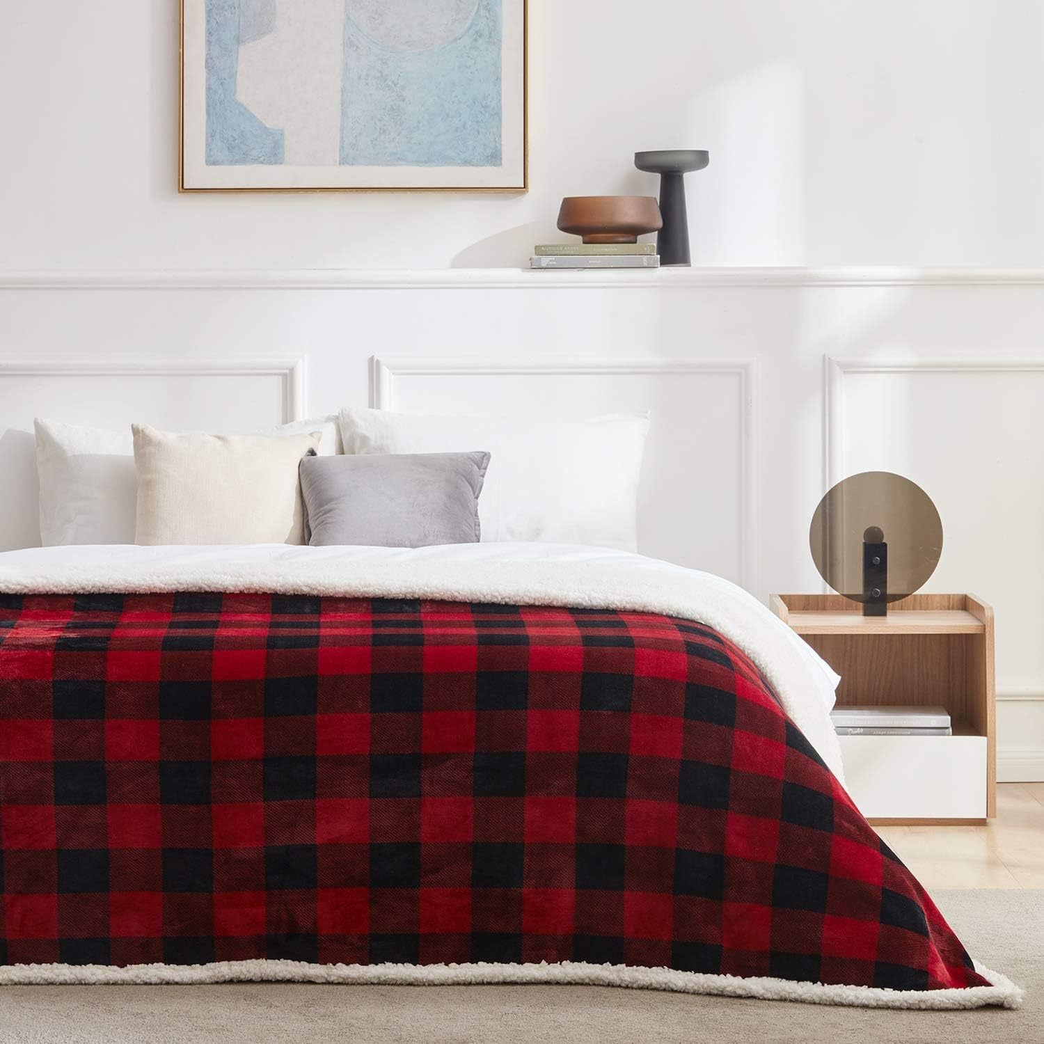 Flannel Double-Layer Blanket – Classic Red & Black Plaid Sherpa Throw