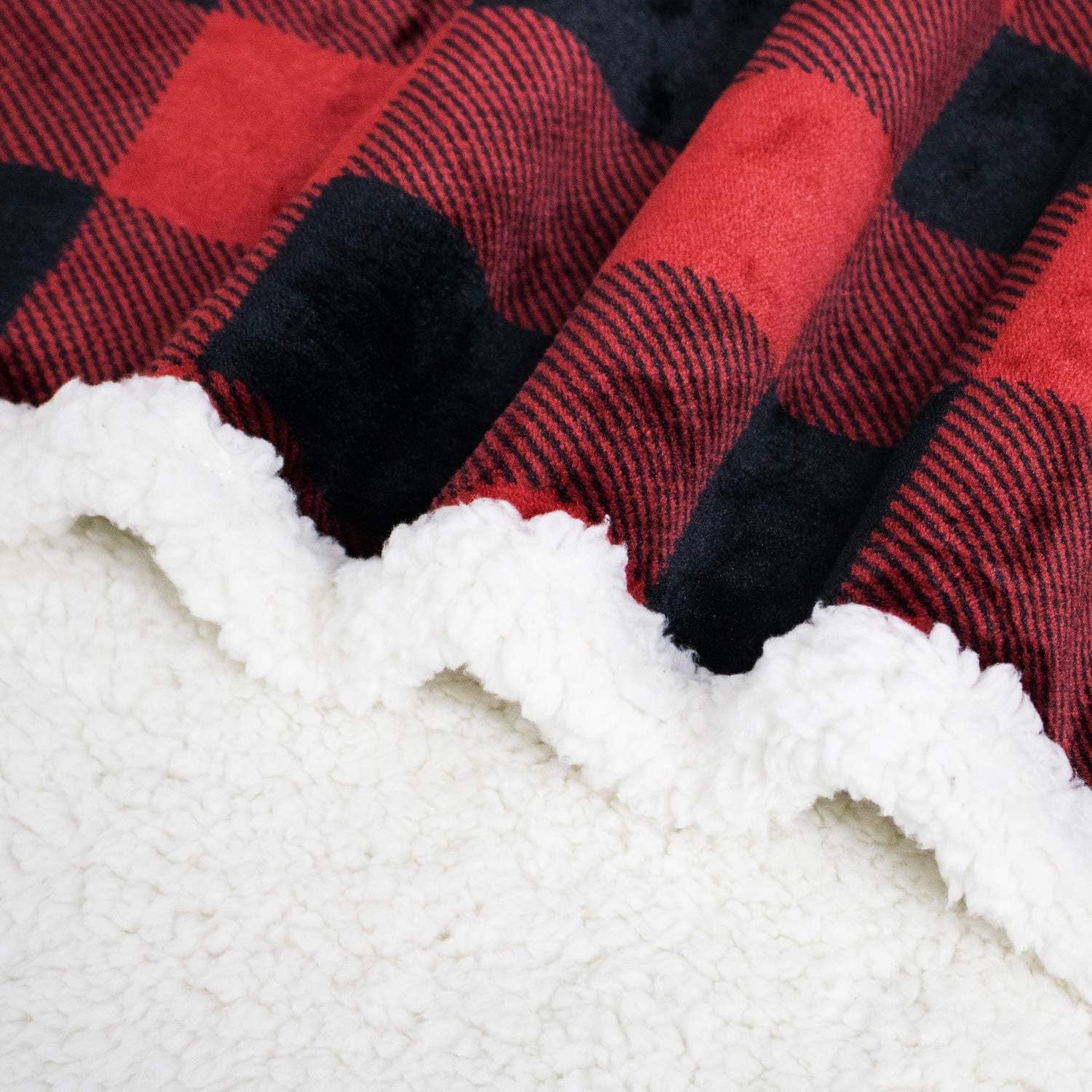 Flannel Double-Layer Blanket – Classic Red & Black Plaid Sherpa Throw