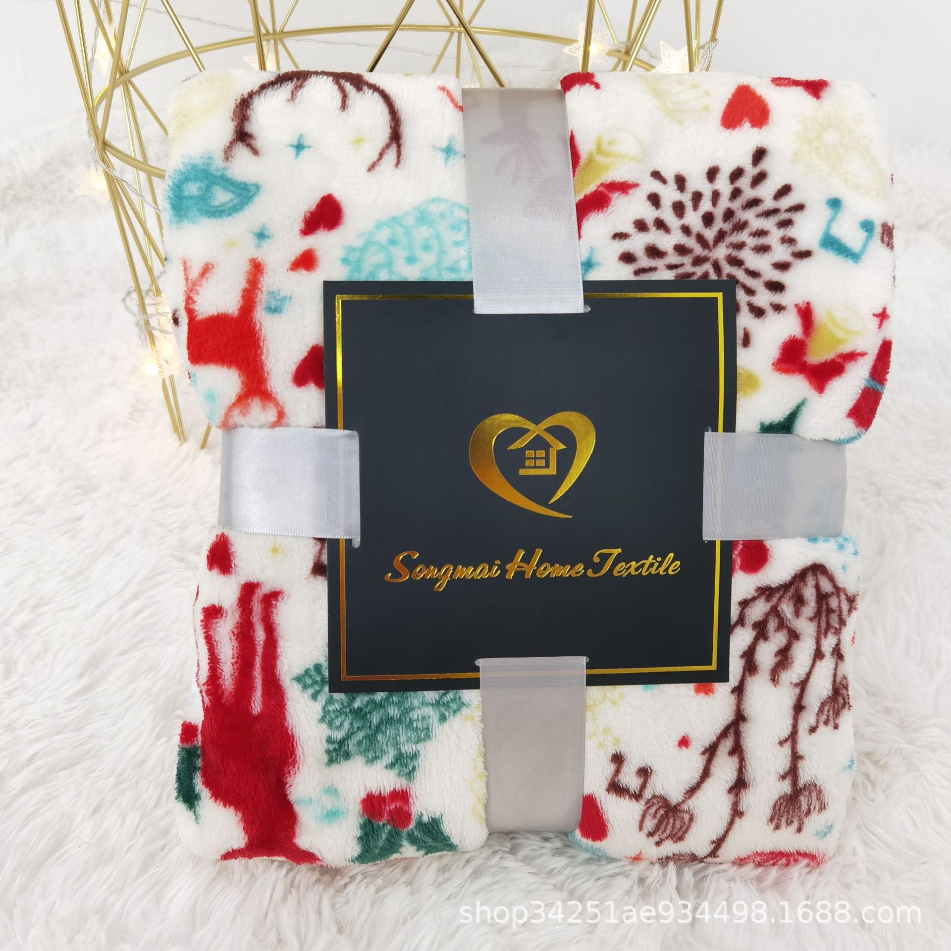 Christmas Flannel Blanket – Double-Sided Print with Pom-Poms