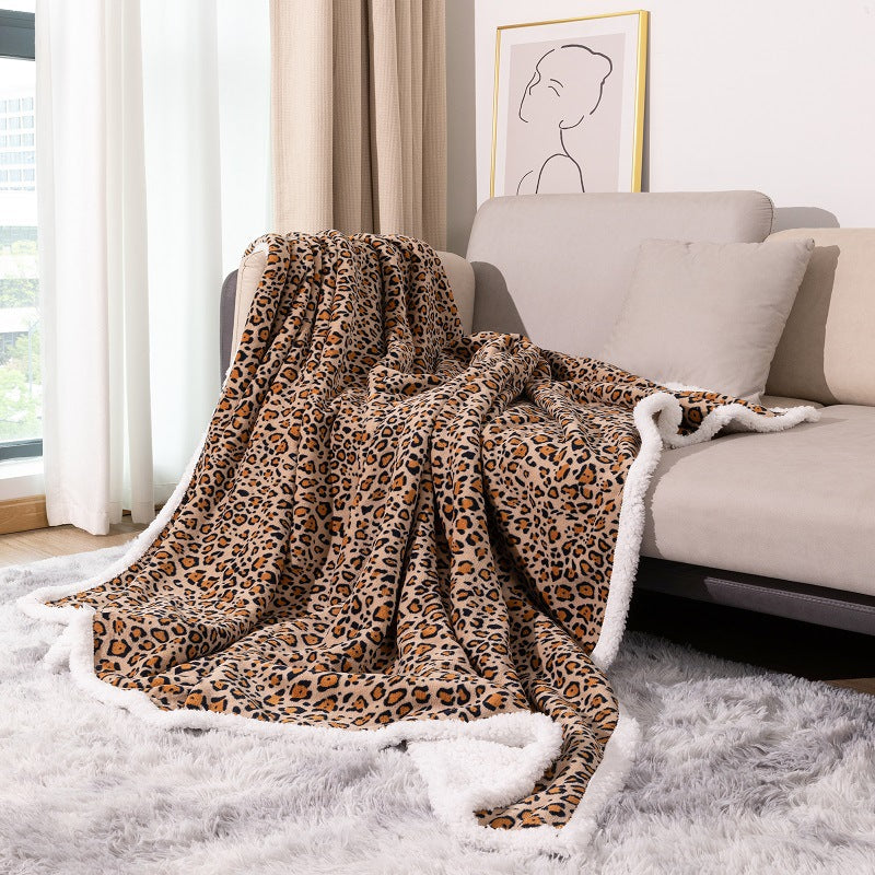Double-Layer Coral Fleece Blanket – Leopard Print Sherpa Throw