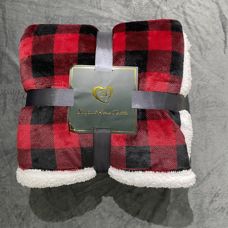 Flannel Double-Layer Blanket – Classic Red & Black Plaid Sherpa Throw