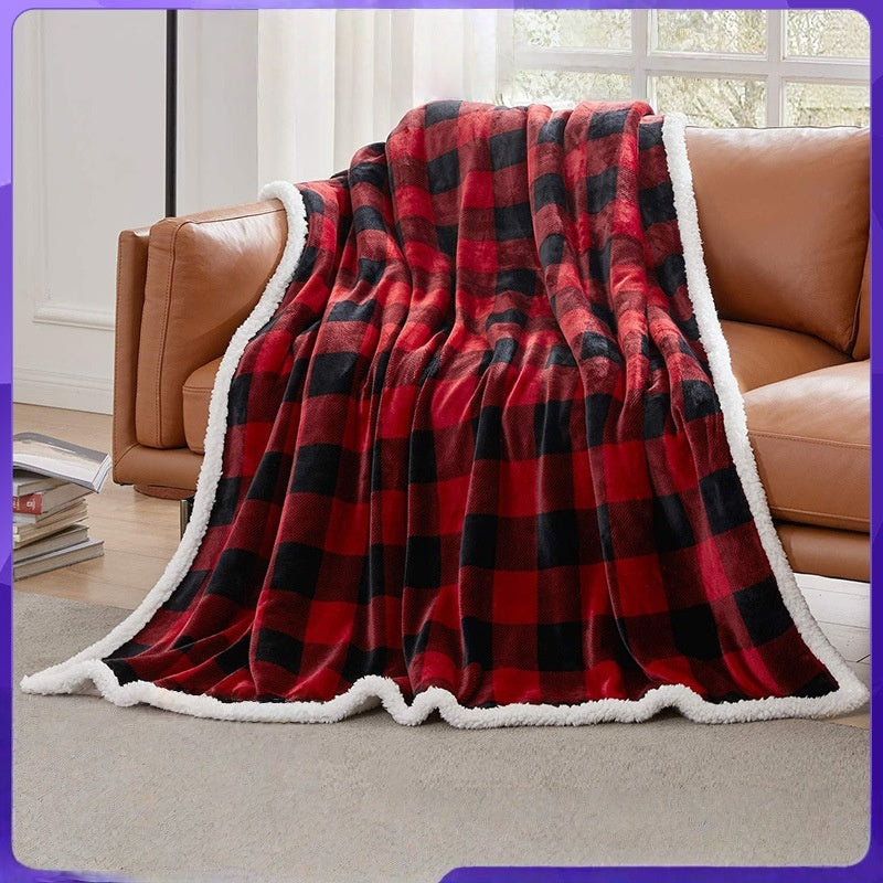 Flannel Double-Layer Blanket – Classic Red & Black Plaid Sherpa Throw