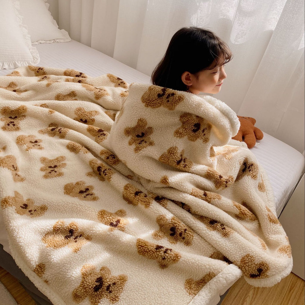 Double-Layer Cartoon Kids Blanket – Bear Sherpa Plush Throw